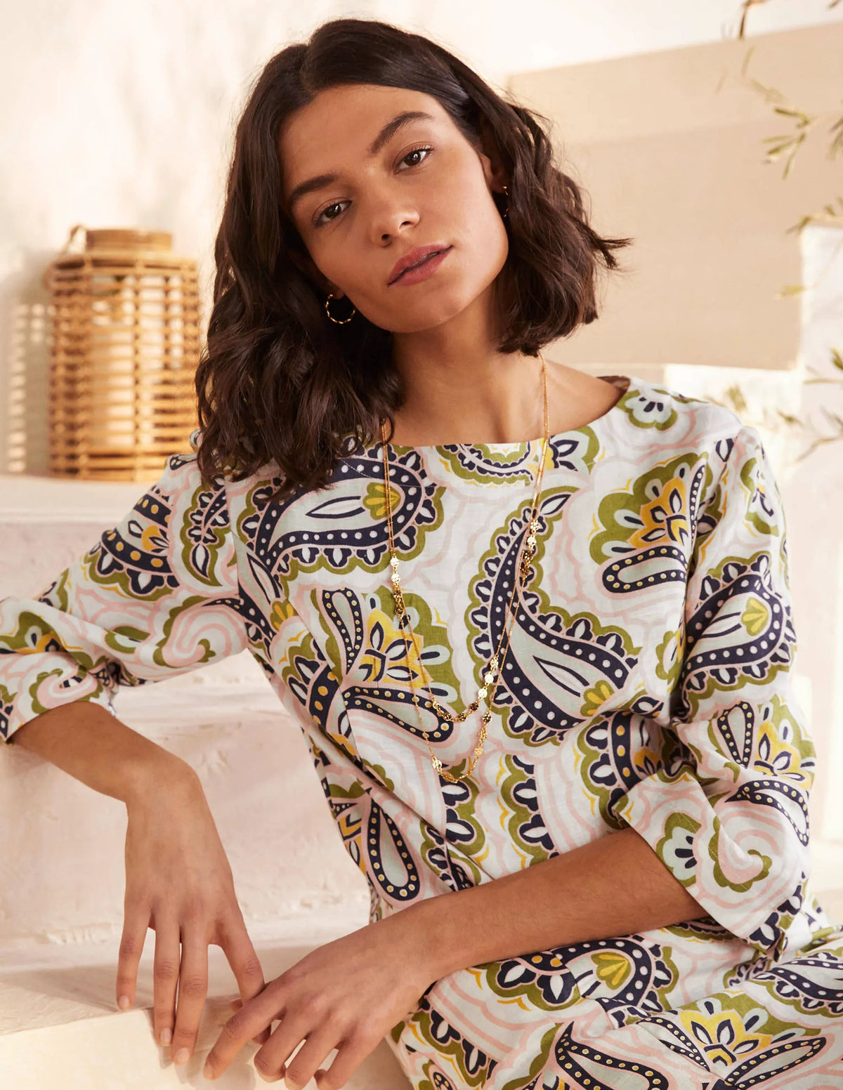 Laurie Linen Dress-Ivory, Summer Paisley