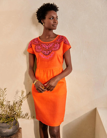 Fleur Embroidered Linen Dress-Satsuma