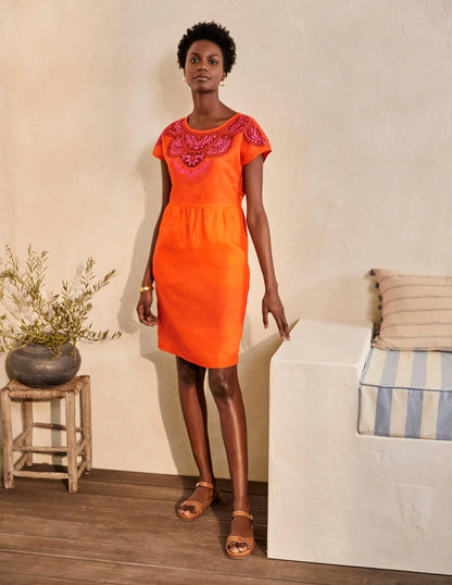 Fleur Embroidered Linen Dress-Satsuma