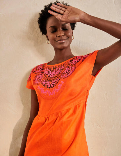 Fleur Embroidered Linen Dress-Satsuma