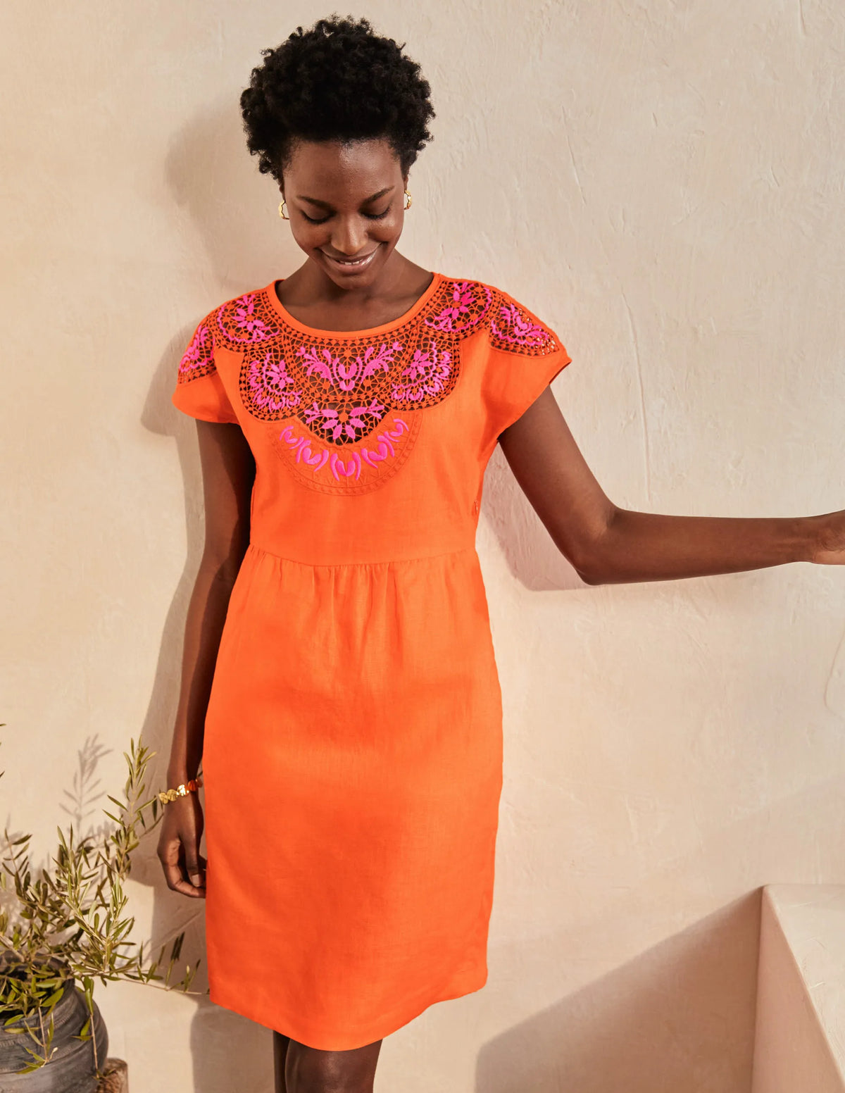 Fleur Embroidered Linen Dress-Satsuma