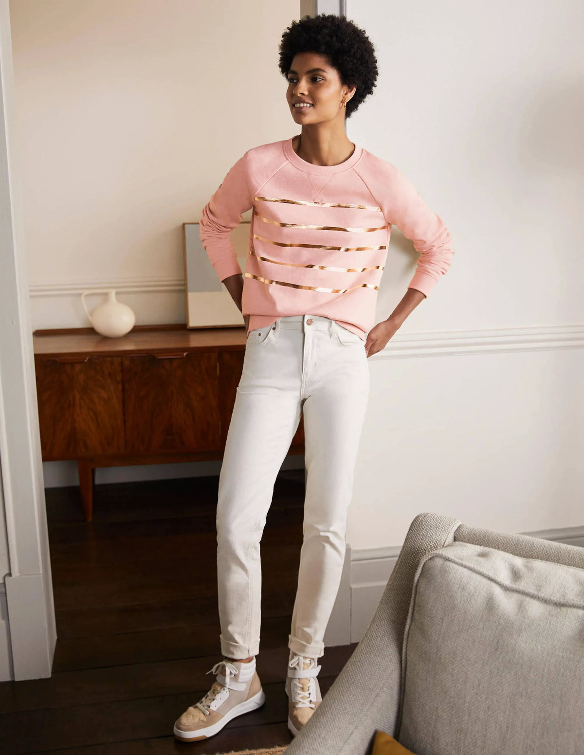 Printed Cotton Sweatshirt-Pink Marl, Gold Foil Stripe