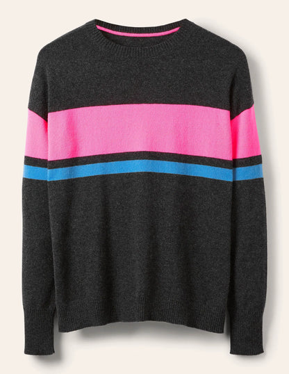 Margot Cashmere Sweater-Charcoal Melange, Neon Stripe