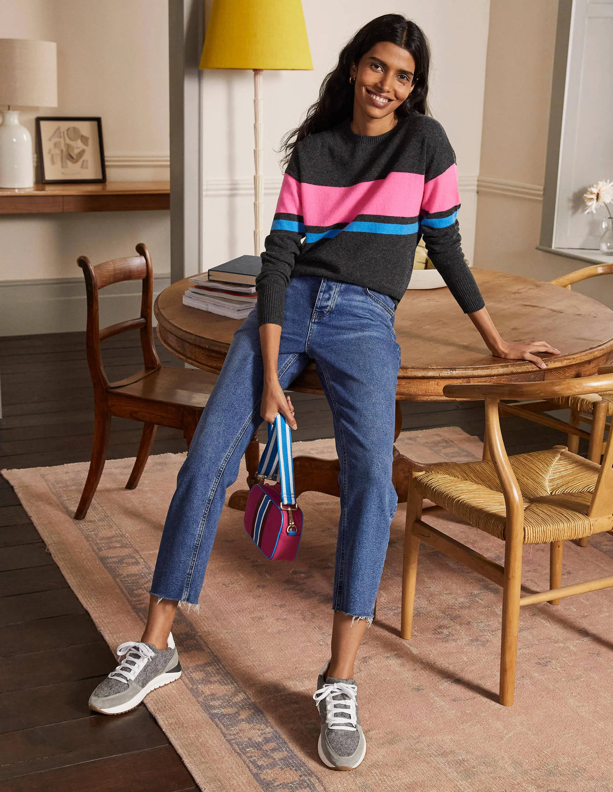 Margot Cashmere Sweater-Charcoal Melange, Neon Stripe