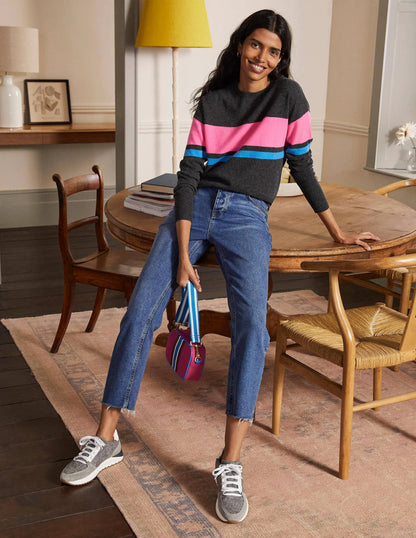 Margot Cashmere Sweater-Charcoal Melange, Neon Stripe