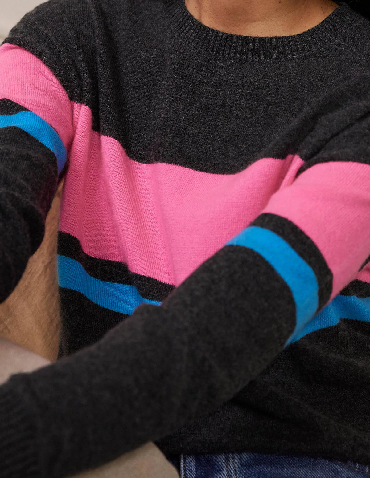 Margot Cashmere Sweater-Charcoal Melange, Neon Stripe