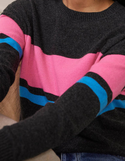 Margot Cashmere Sweater-Charcoal Melange, Neon Stripe