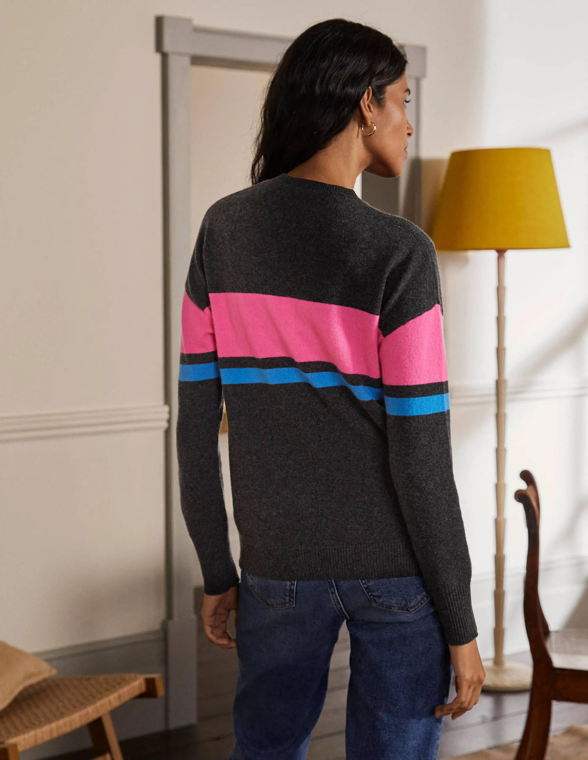 Margot Cashmere Sweater-Charcoal Melange, Neon Stripe