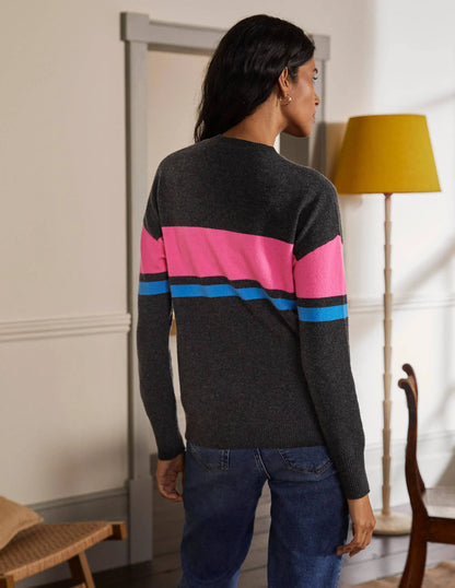 Margot Cashmere Sweater-Charcoal Melange, Neon Stripe