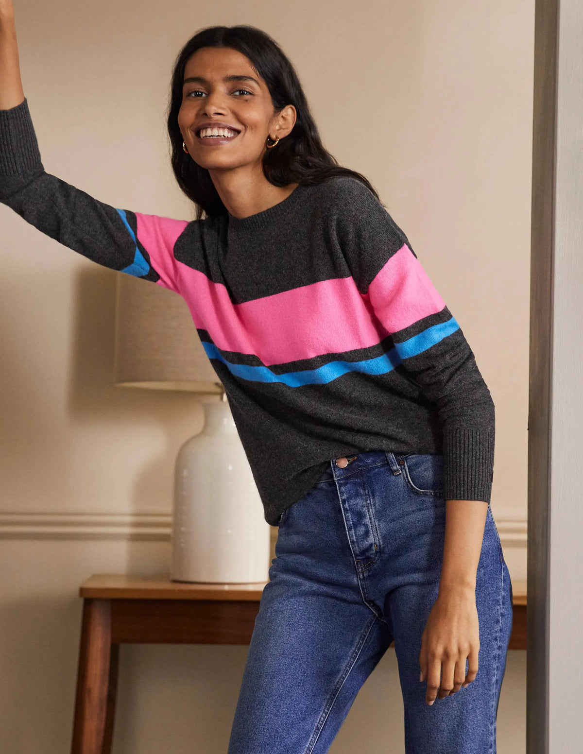 Margot Cashmere Sweater-Charcoal Melange, Neon Stripe