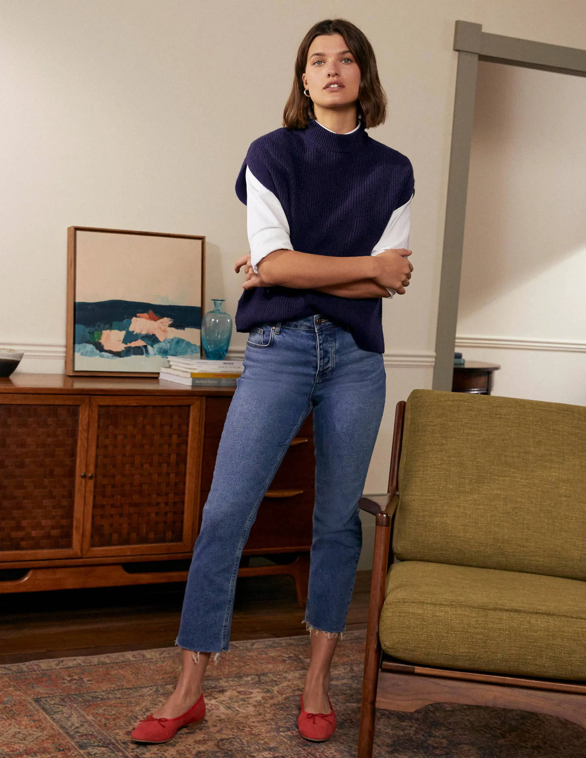 Relaxed Rib Sleeveless Sweater-Navy