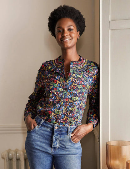 Leandra Smocked Cotton Shirt-Navy, Wild Dandelion