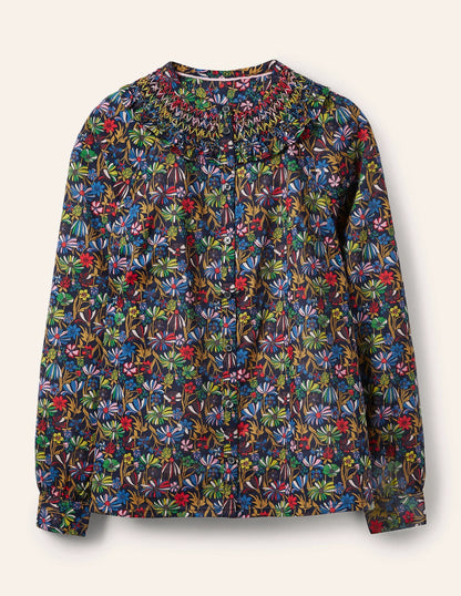 Leandra Smocked Cotton Shirt-Navy, Wild Dandelion