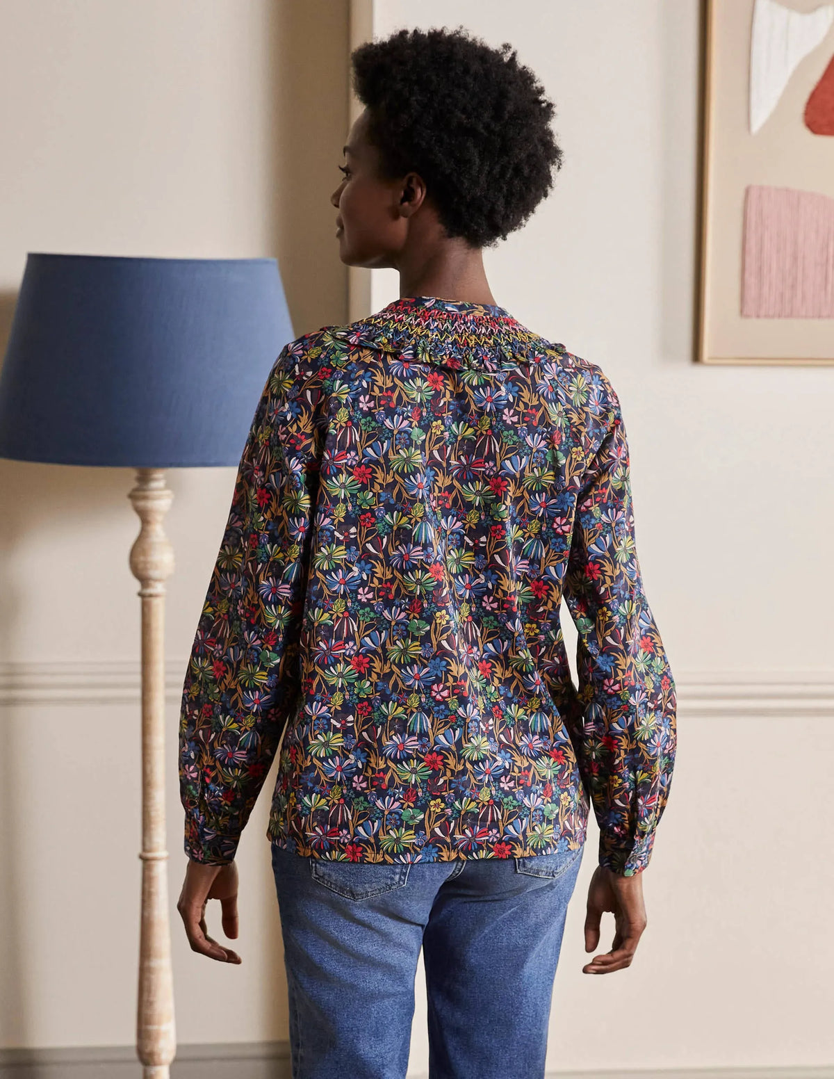 Leandra Smocked Cotton Shirt-Navy, Wild Dandelion