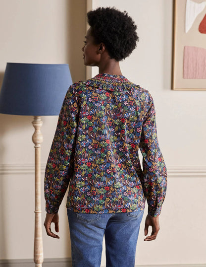 Leandra Smocked Cotton Shirt-Navy, Wild Dandelion