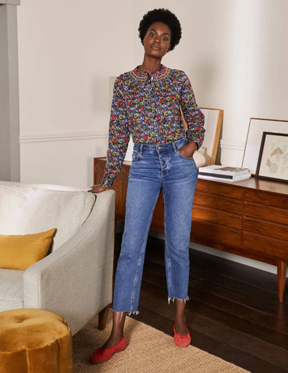 Leandra Smocked Cotton Shirt-Navy, Wild Dandelion