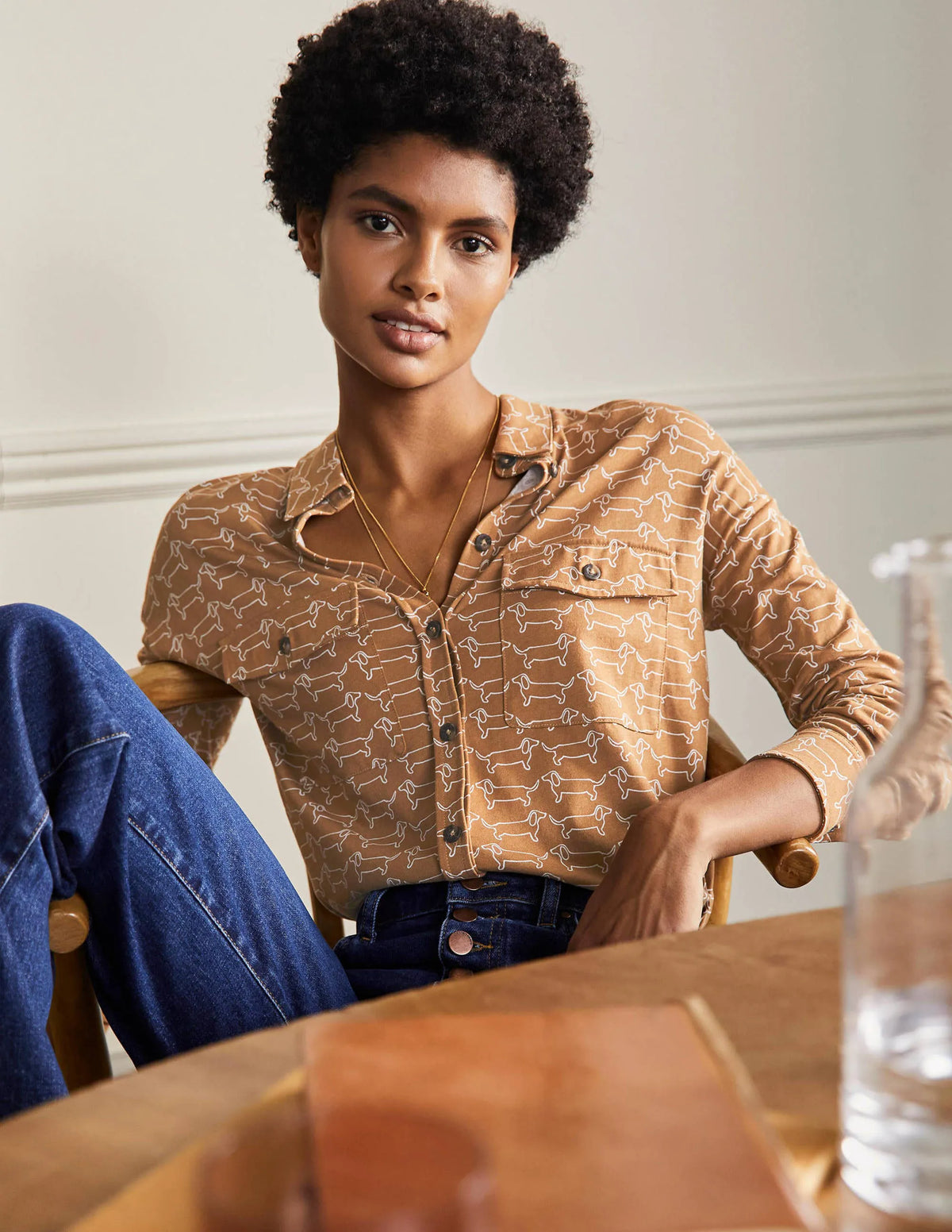 Relaxed Jersey Shirt-Camel/ Ivory Dachshund