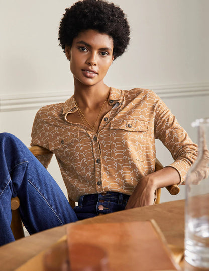 Relaxed Jersey Shirt-Camel/ Ivory Dachshund