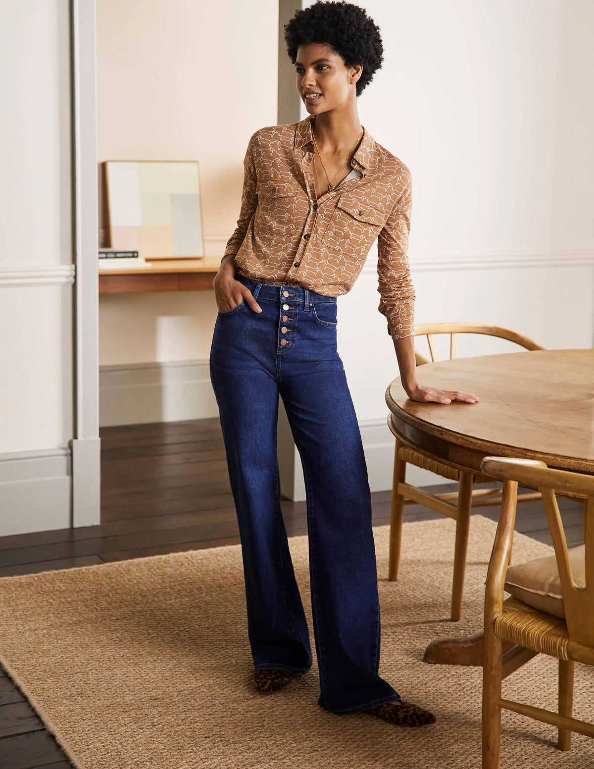 Relaxed Jersey Shirt-Camel/ Ivory Dachshund