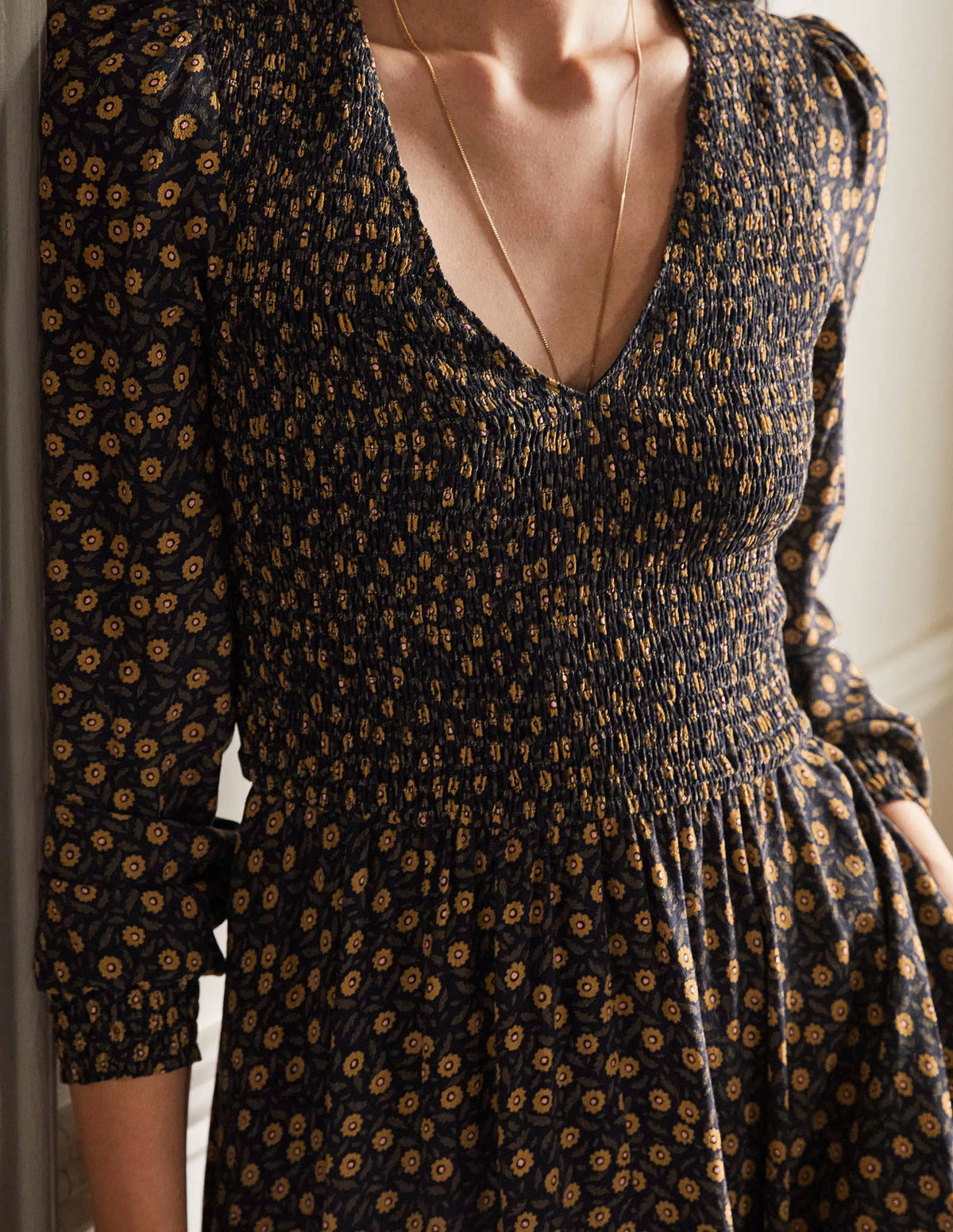 V-Neck Smocked Dress-Gold Rush, Rambling Ditsy