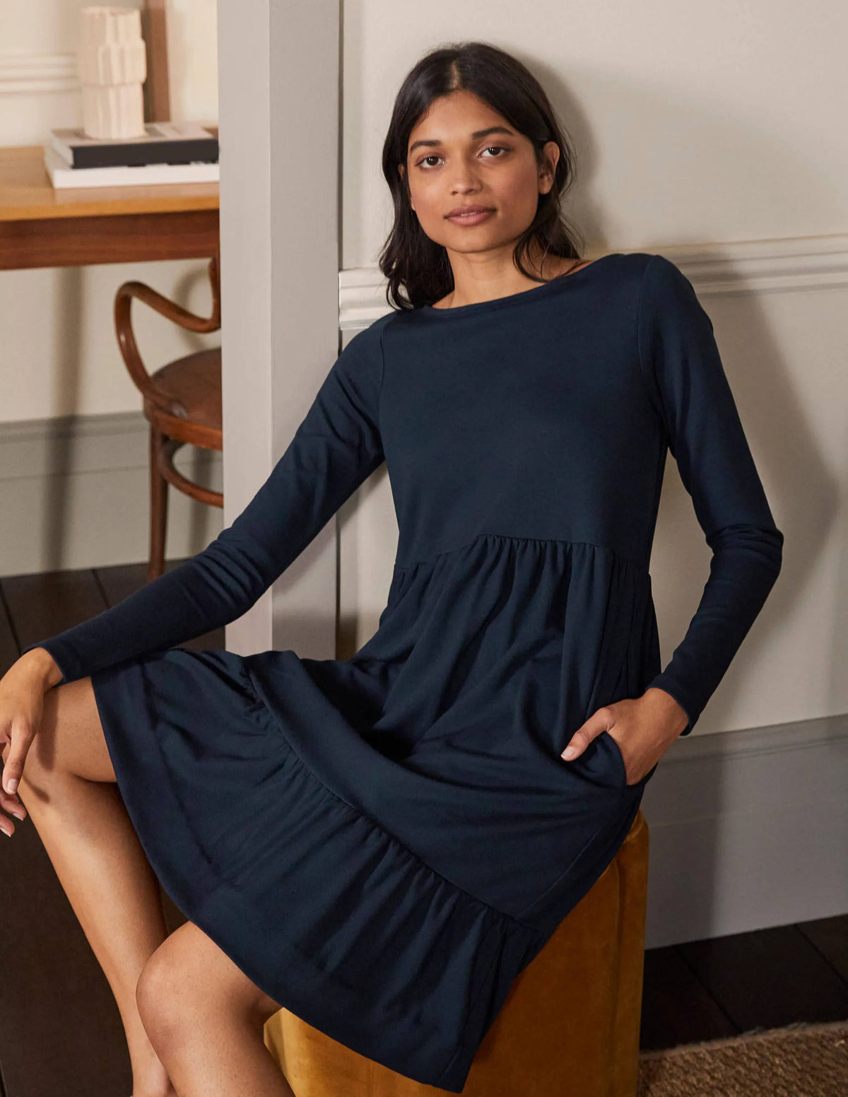 Tiered Ponte Dress-Navy