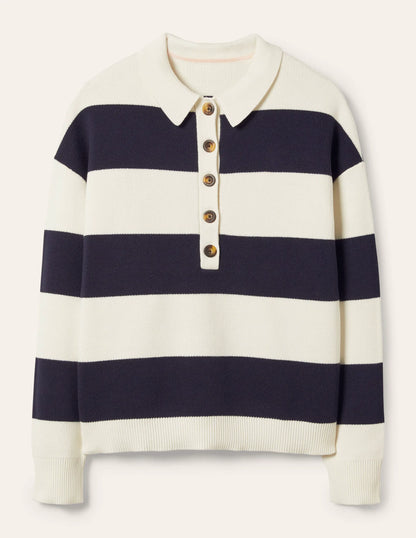 Striped Knitted Rugby Sweater-Ivory and Navy Stripe
