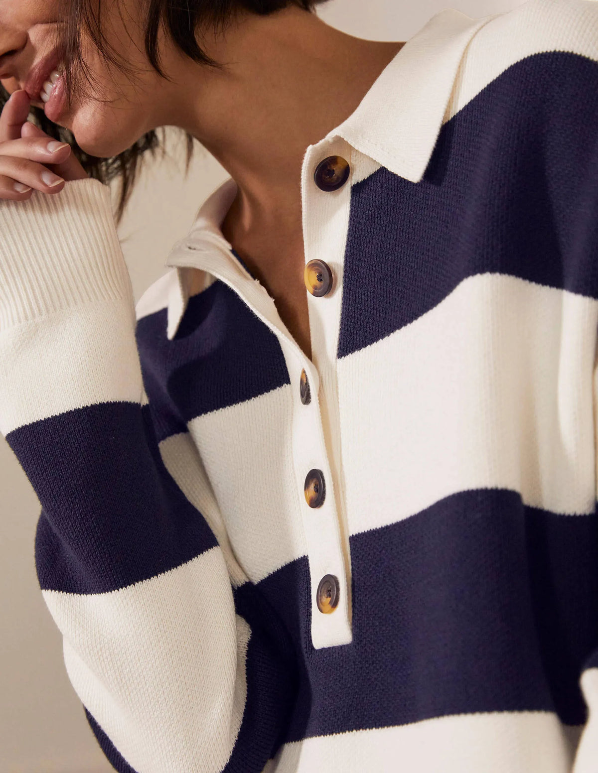 Striped Knitted Rugby Sweater-Ivory and Navy Stripe