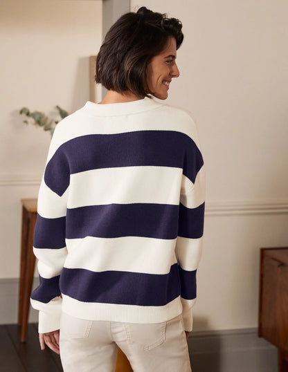 Striped Knitted Rugby Sweater-Ivory and Navy Stripe