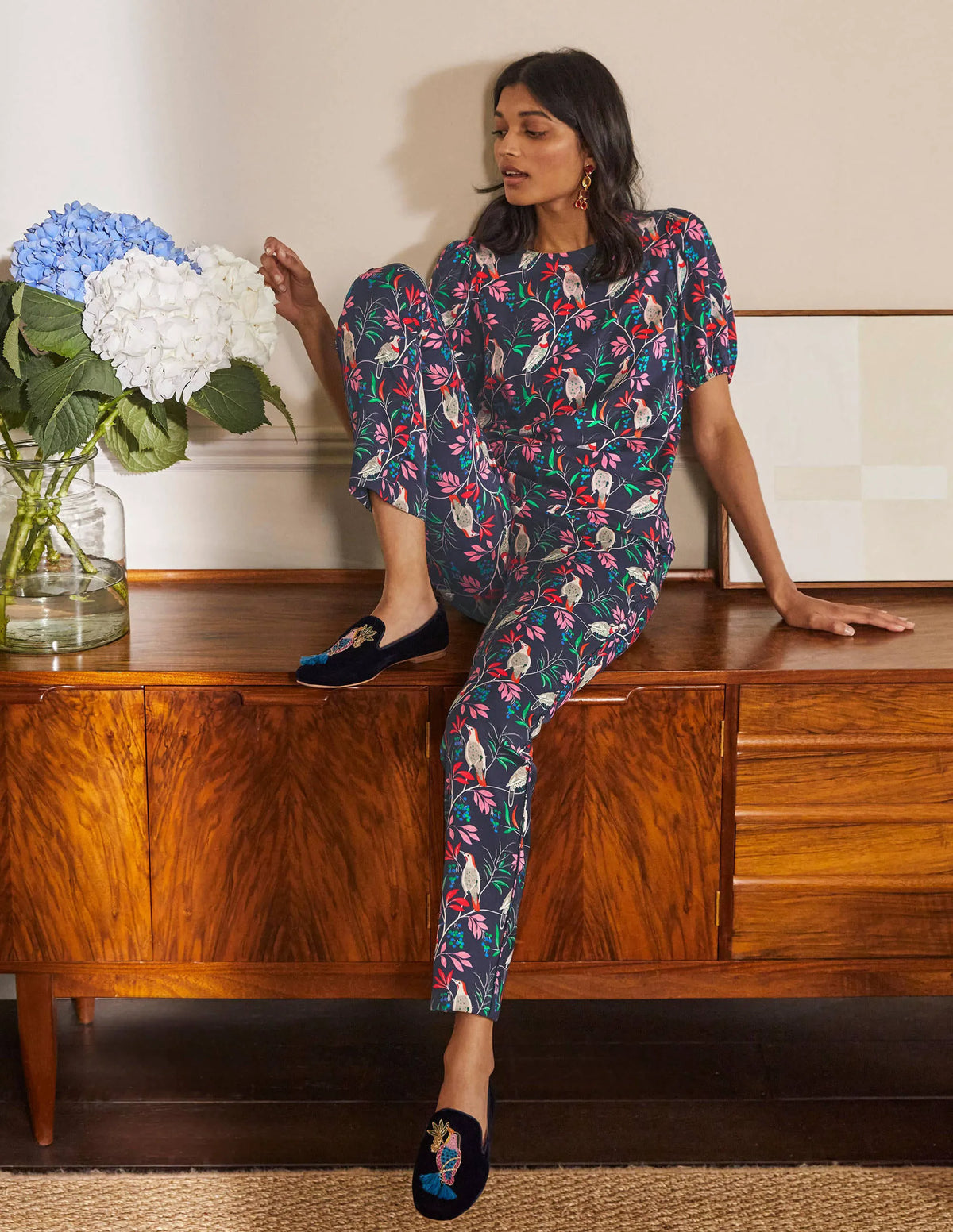 Ludlow Satin Pants-French Navy, Berry Bird