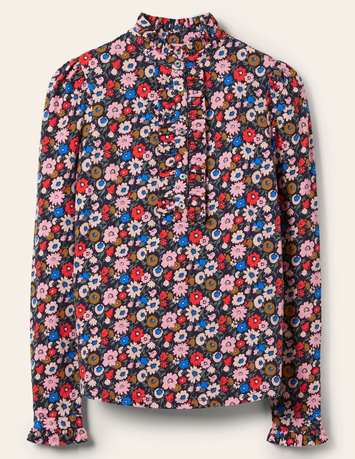 Ruffle Front Jersey Top-French Navy, Elegant Bloom
