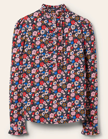 Ruffle Front Jersey Top-French Navy, Elegant Bloom