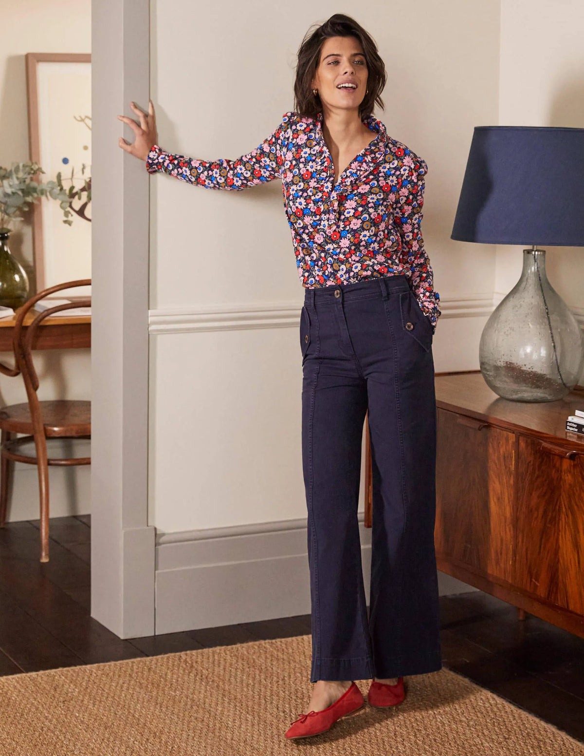 Ruffle Front Jersey Top-French Navy, Elegant Bloom