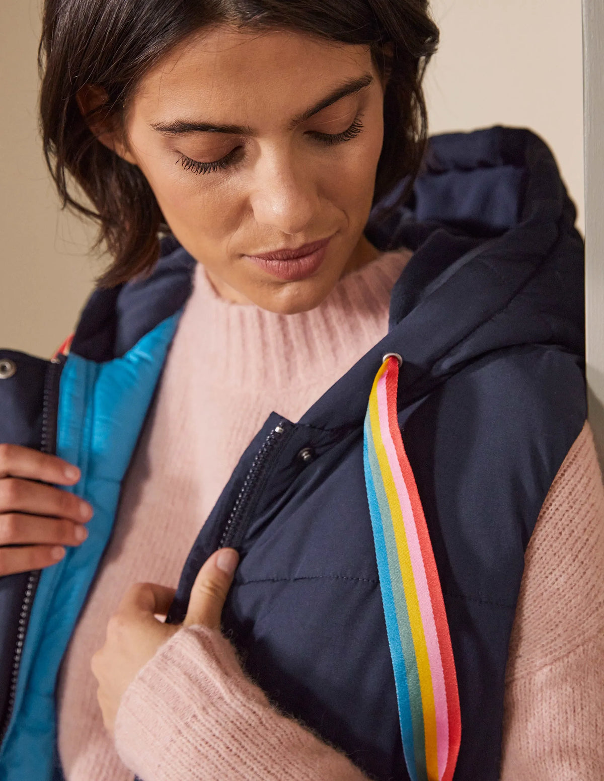 Long Puffer Vest-Navy/Milkshake