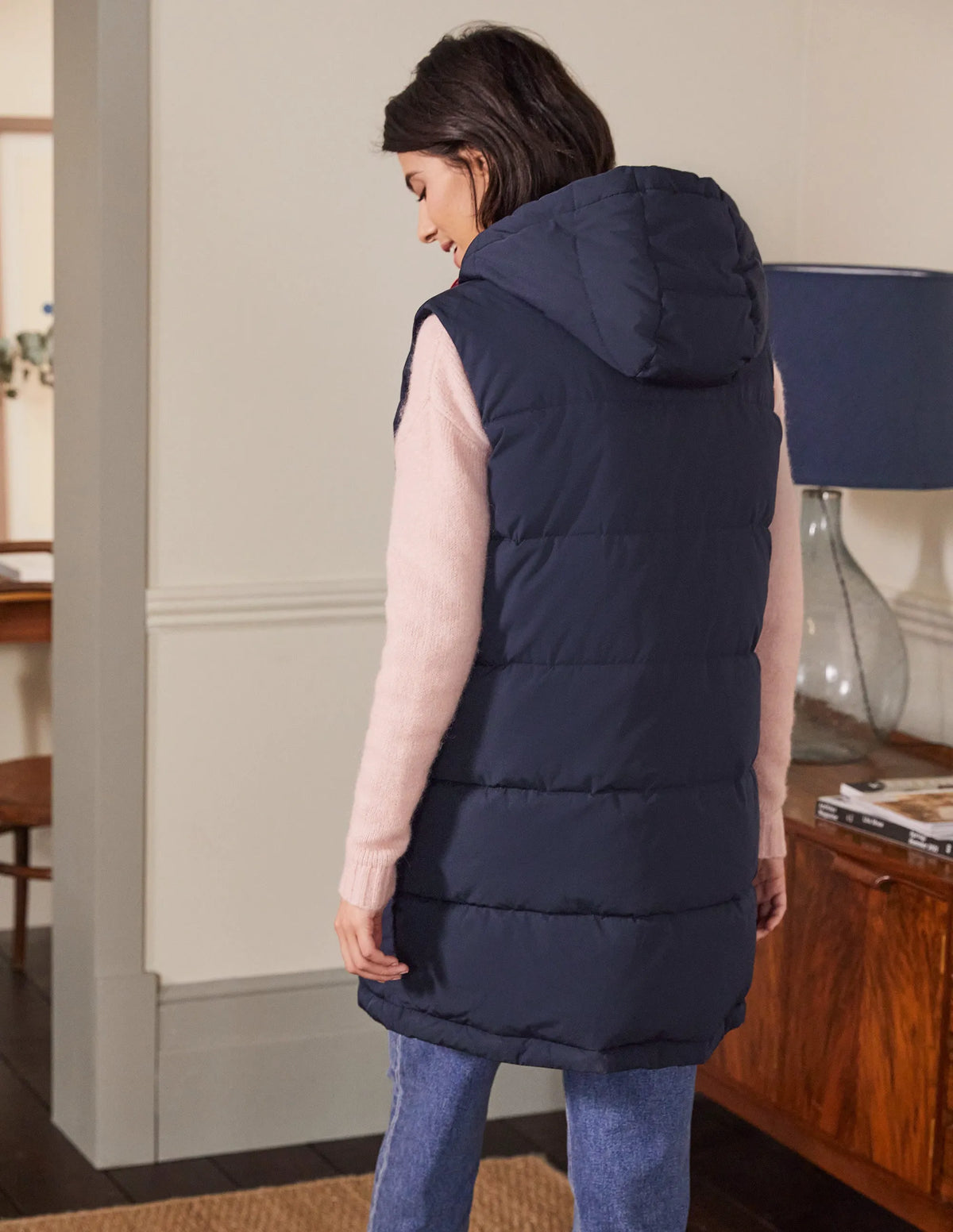 Long Puffer Vest-Navy/Milkshake