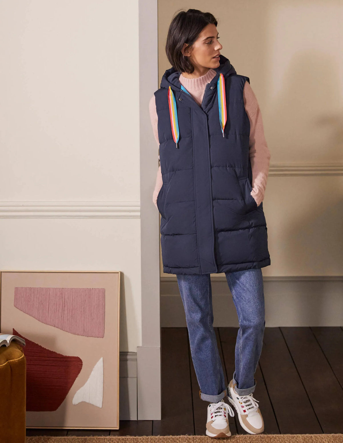 Long Puffer Vest-Navy/Milkshake