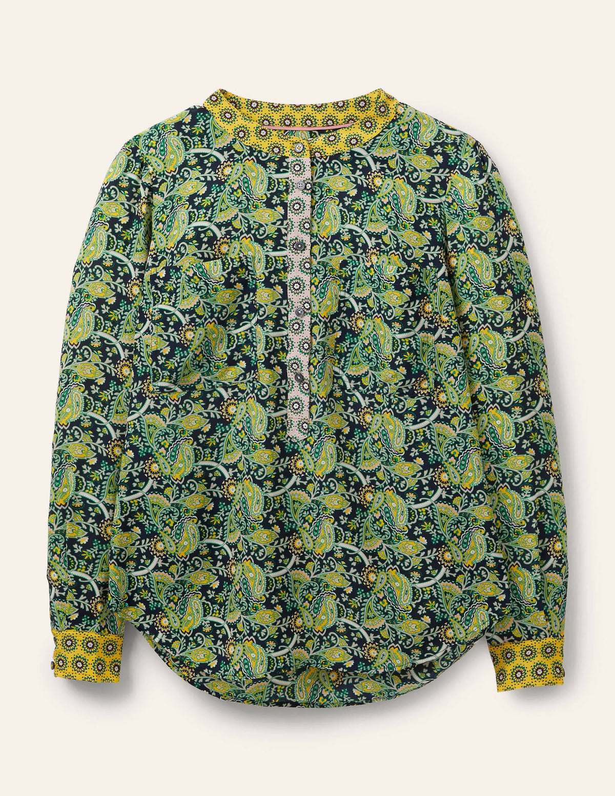 Silk Collarless Blouse-Honey Gold/ French Navy
