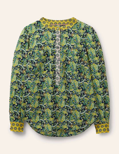 Silk Collarless Blouse-Honey Gold/ French Navy