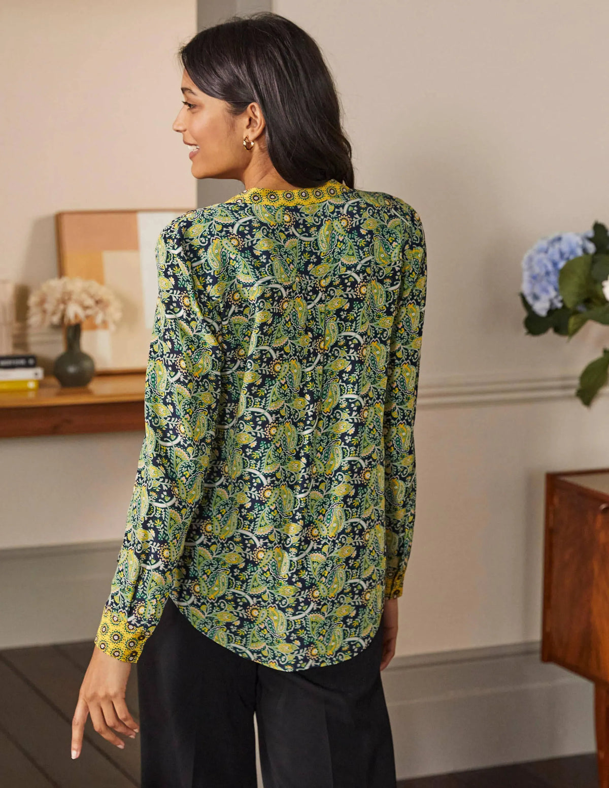 Silk Collarless Blouse-Honey Gold/ French Navy