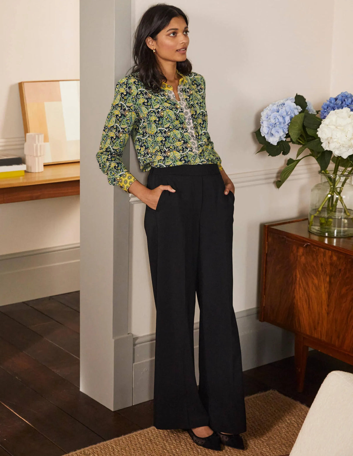 Silk Collarless Blouse-Honey Gold/ French Navy