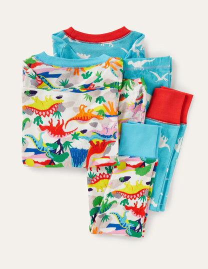 Cosy Twin Pack Long Pajamas-Ivory Multi Dino Sunset