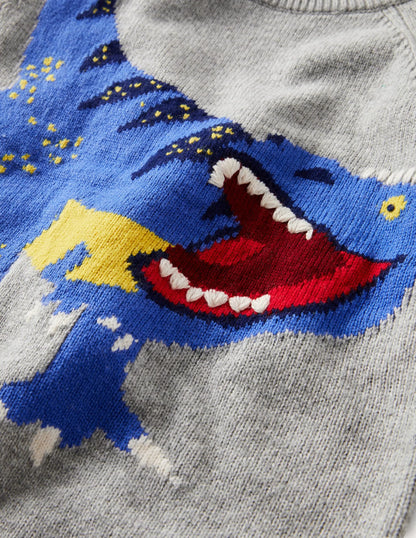 Fun Sweater-Grey Melange Dinosaur