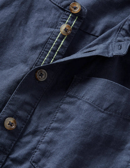 Linen Cotton Grandad Shirt-Indigo
