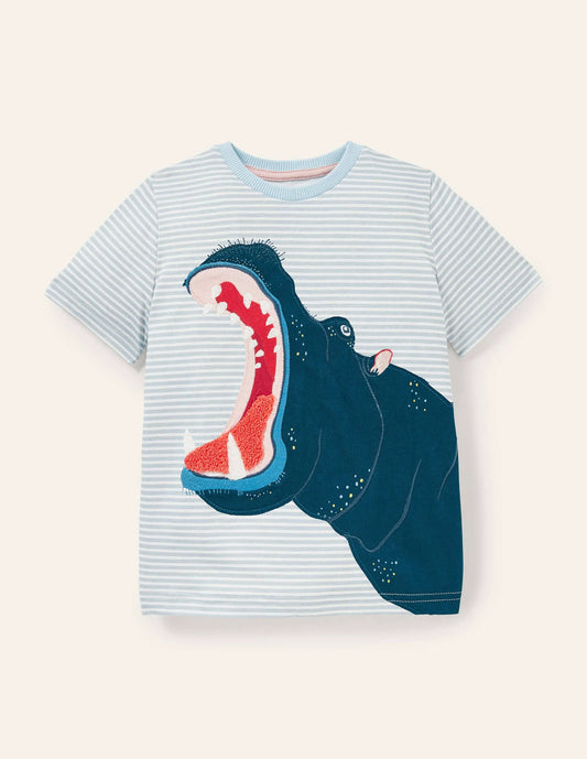 Stripy Animal Appliqué T-shirt-Coastal Blue Hippo