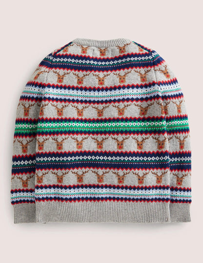 Reindeer Fair Isle Sweater-Grey Marl