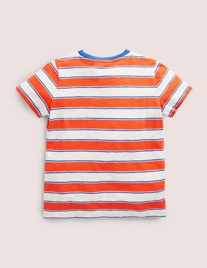 Striped Washed Slub T-shirt-Mandarin Red/ Oatmeal Marl