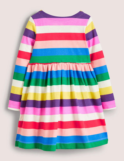 Long Sleeve Fun Jersey Dress-Multi Rainbow Stripe