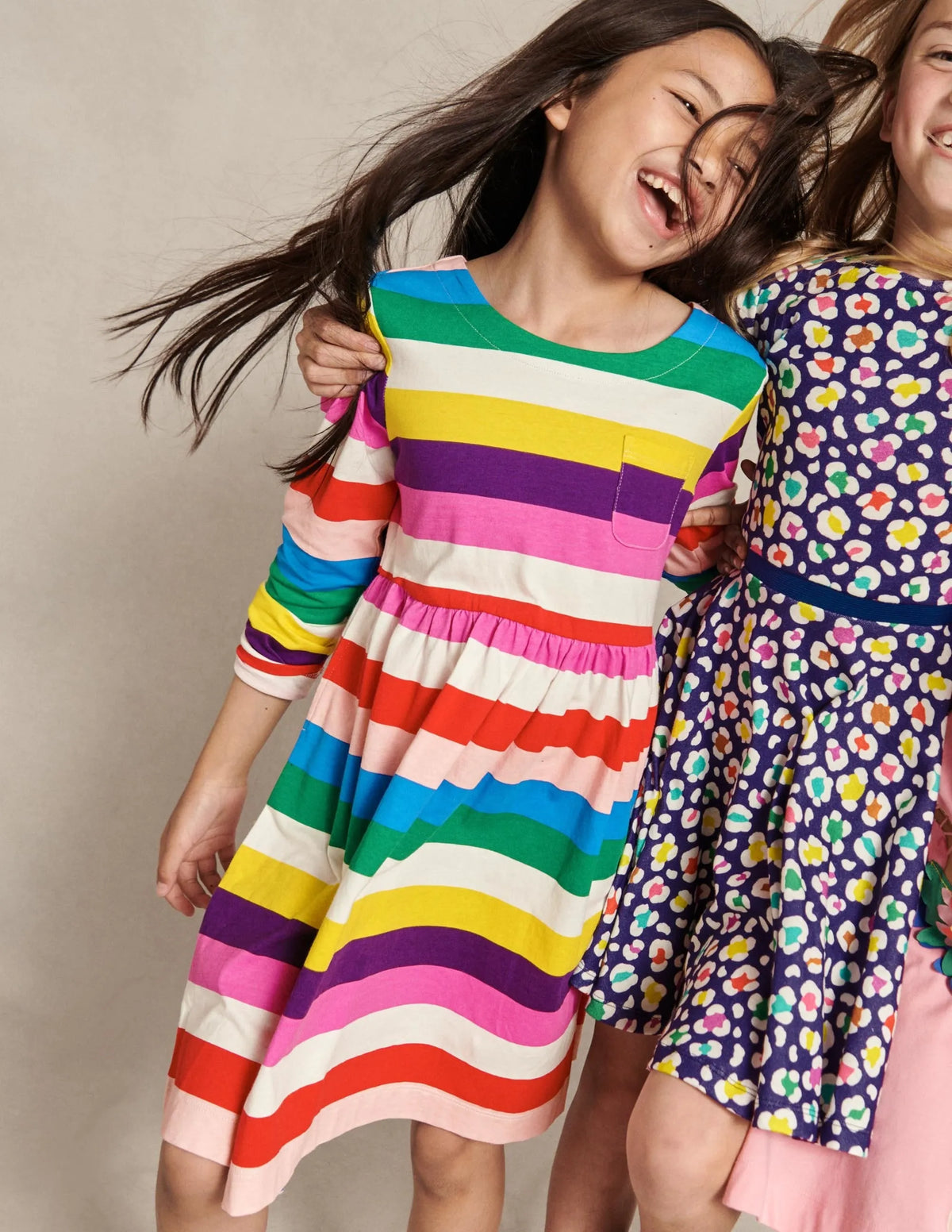 Long Sleeve Fun Jersey Dress-Multi Rainbow Stripe