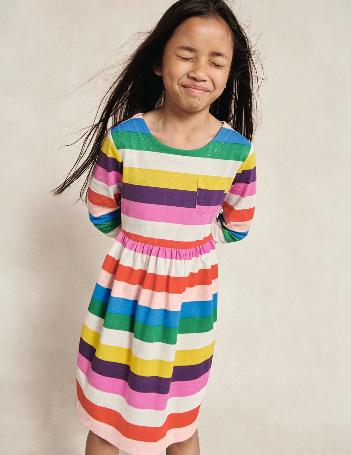 Long Sleeve Fun Jersey Dress-Multi Rainbow Stripe