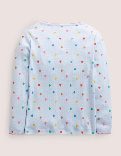 Supersoft Pointelle T-shirt-Blue Rainbow Hearts