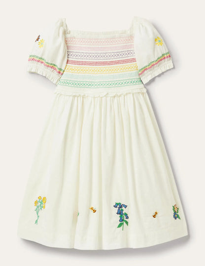 Floral Smocked Dress-Ivory Embroidered